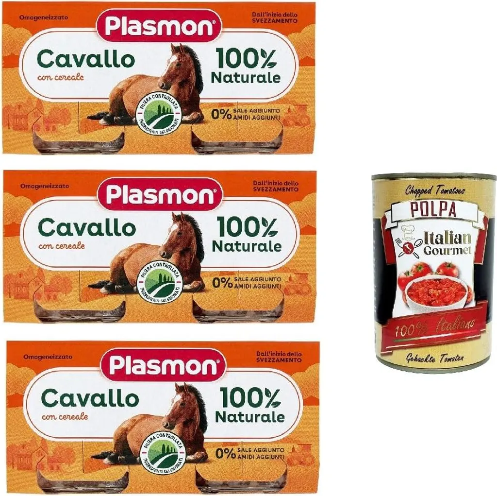 Plasmon Carne Cavallo e cereale 3x (2x80g) With Italian meat, 100% natural, without added starches or bulk + Italian Gourmet polpa 400g