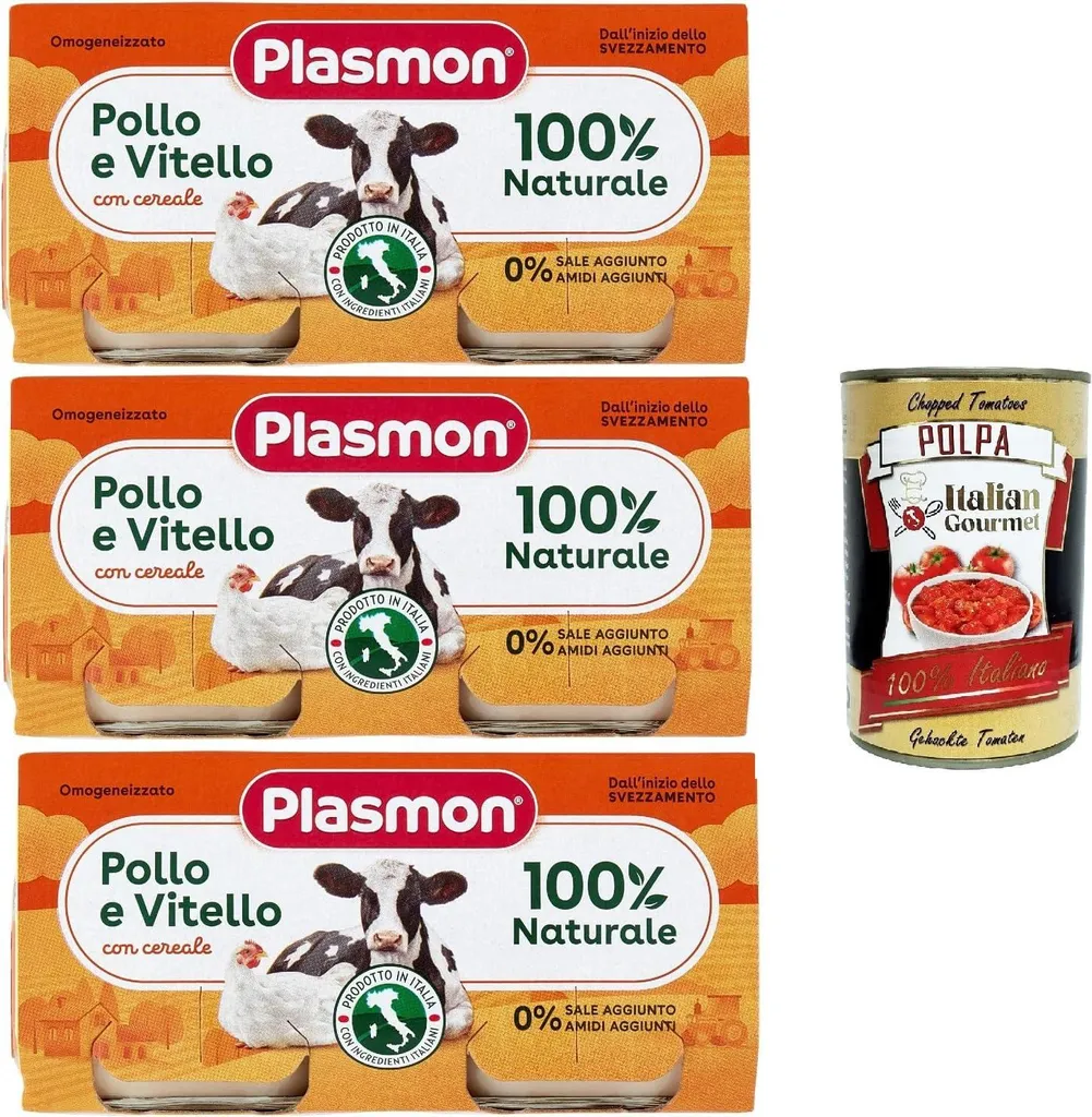 Plasmon Carne Pollo Vitello e cereale 3x (2x80g) With Italian meat, 100% natural, without added starches or spaces + Italian Gourmet polpa 400g