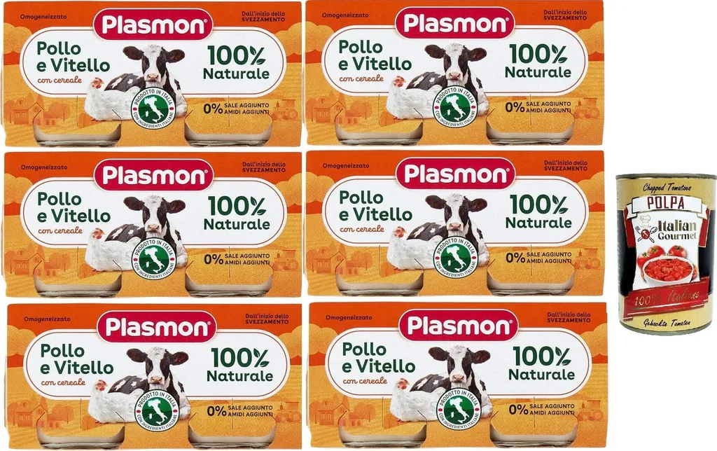 Plasmon Carne Pollo Vitello e cereale 6x (2x80g) With Italian meat, 100% natural, without added starches or spaces + Italian Gourmet polpa 400g