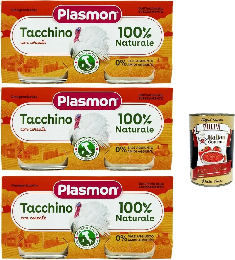 Plasmon Carne Tacchino e cereale 3x (2x80g) With Italian meat, 100% natural, without added starches or bulk + Italian Gourmet polpa 400g