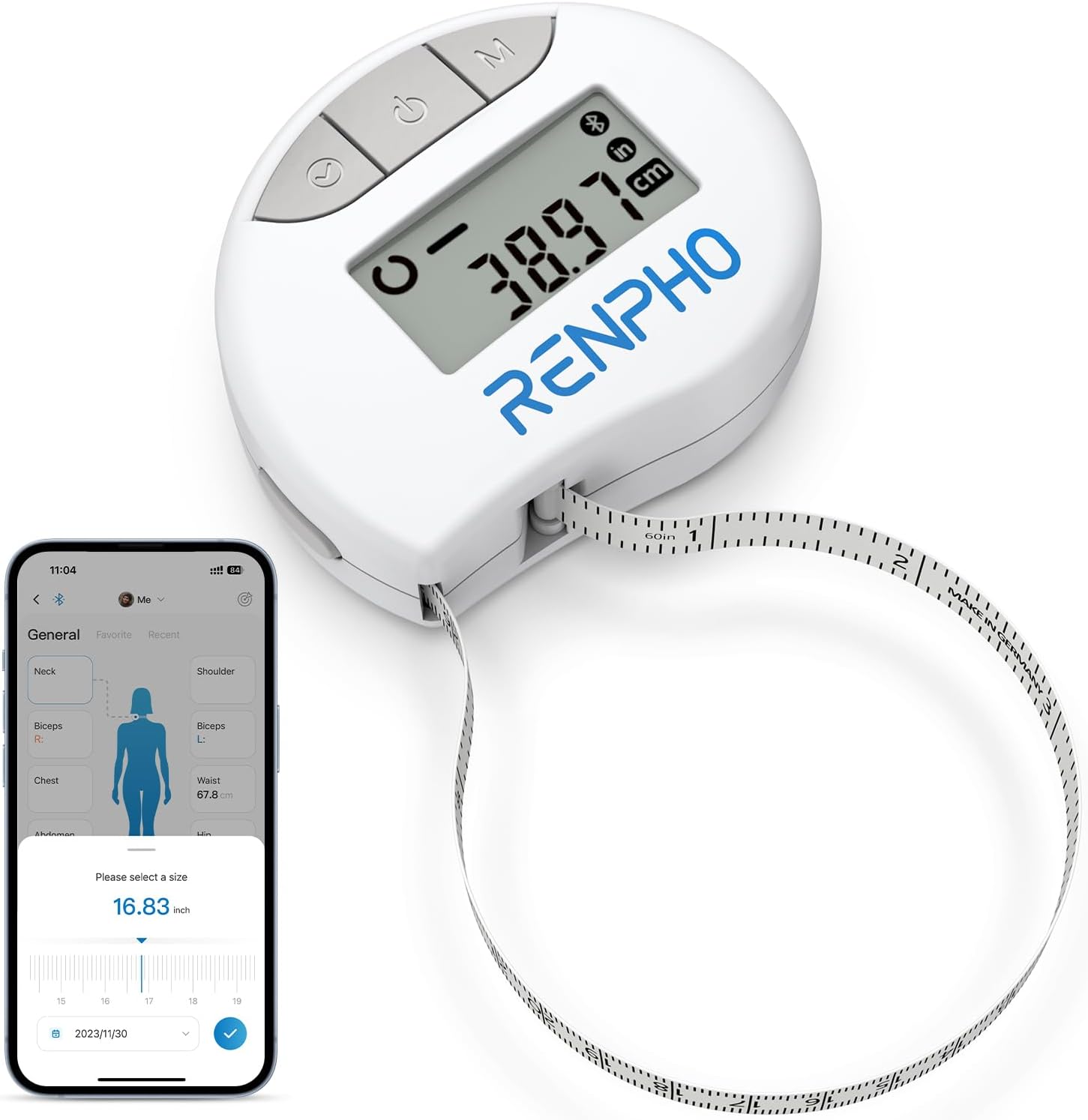RENPHO Store RENPHO Smart Body Measuring Tape, Bluetooth Body Measuring Tape for measuring body circumferences of biceps, chest, hips, calves, thighs and neck, measuring tape in cm or inches, 150cm