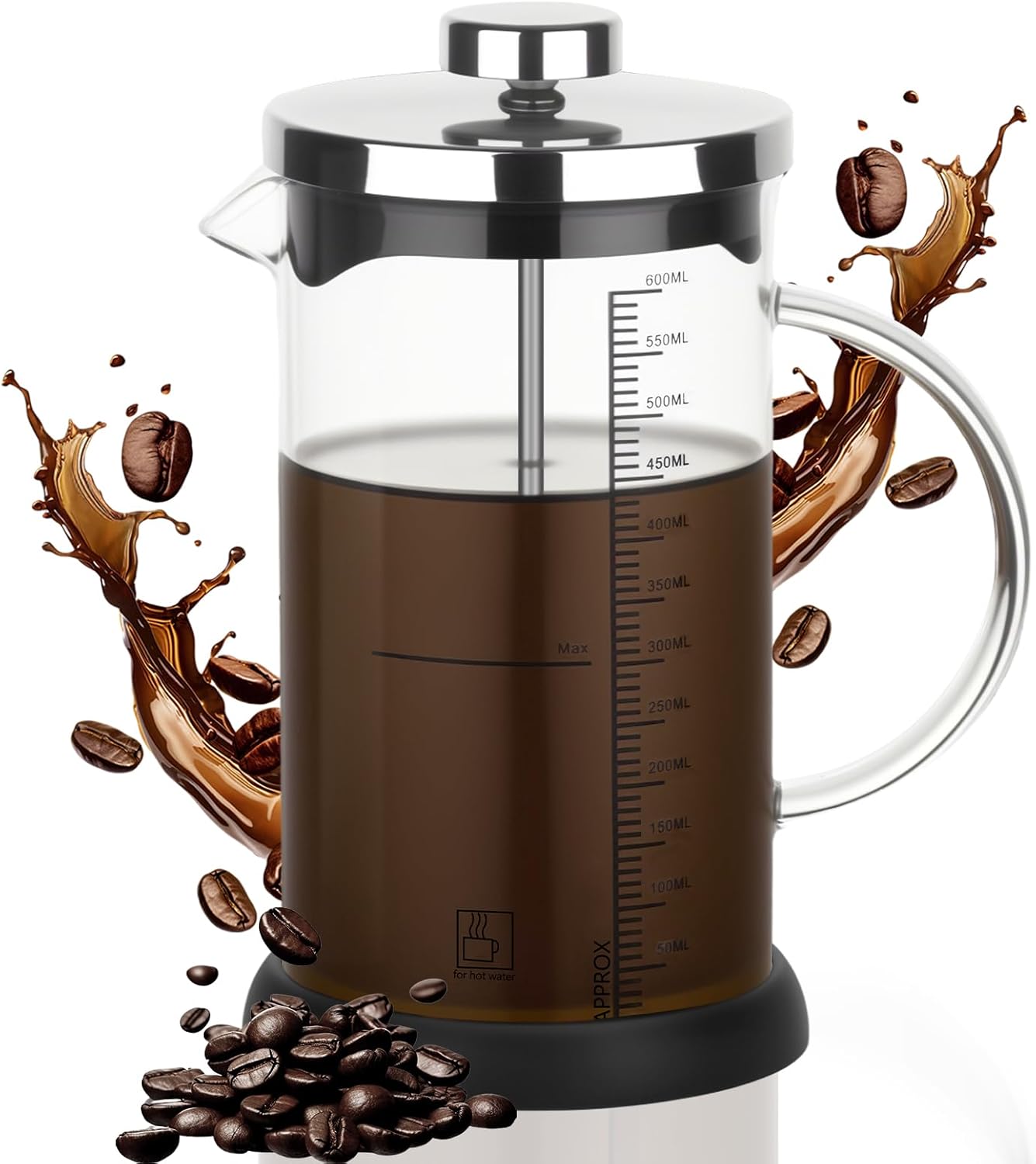 lompyeu French Press, 600 ml Coffee Pot with Permanent Stainless Steel Filter, Coffee Press, Heat Resistant Glass Coffee Press for Tea and Coffee Maker, Dishwasher Safe