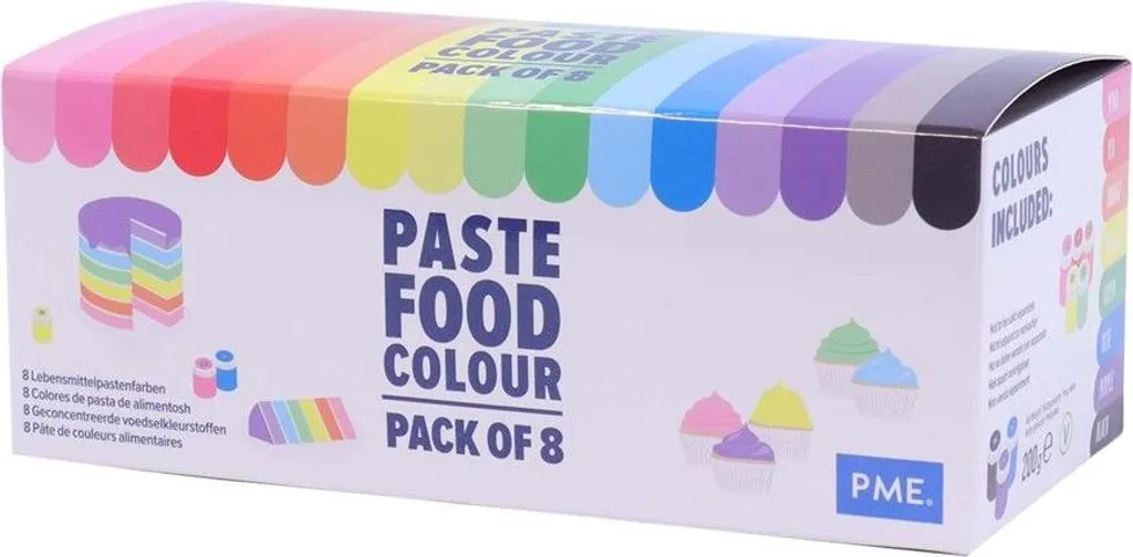 PME Paste Colour 8 Colour Set, Paste (Substance), Black, Blue, Brown, Green, Pink, Violet, Red, Yellow, Artificial Food Colourings, 200 g, Plastic-Glass, 141 mm