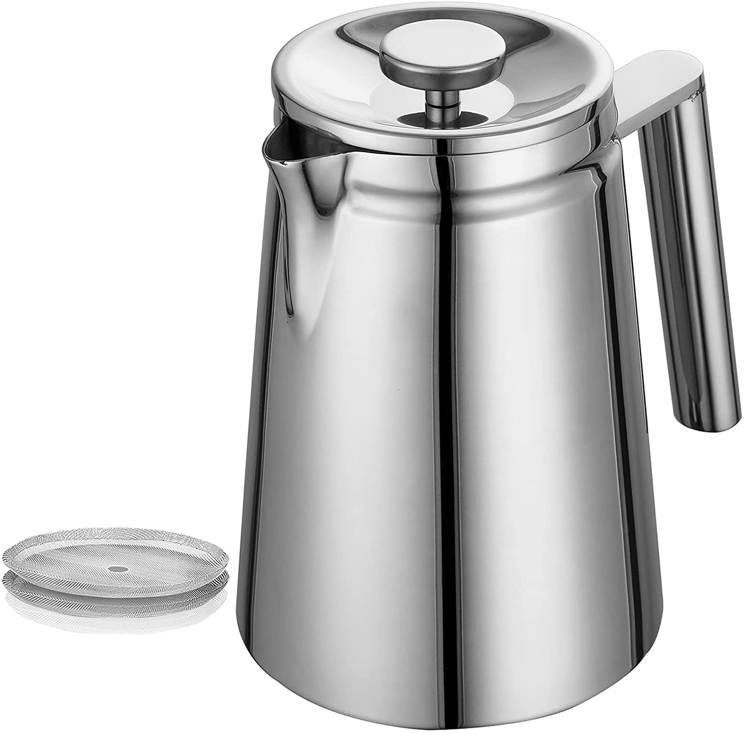 MaxMiuly French Press Stainless Steel 800 ml, Double-Walled Stainless Steel Coffee Maker with 2 Additional Filter Strainers, French Coffee Press Silver 0.8 Litres (5 Cups)