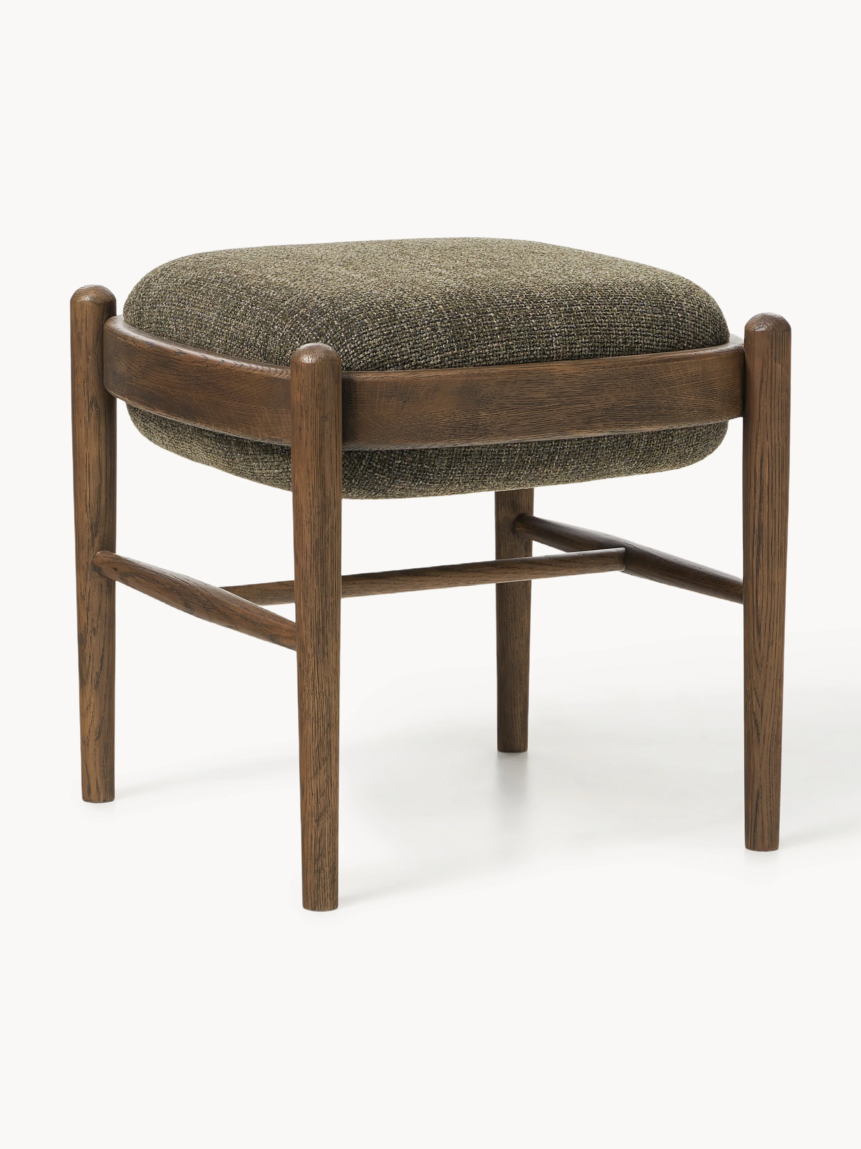 Westwing Collection Imara upholstered stool made of oak wood, Woven fabric olive green, dark oak wood