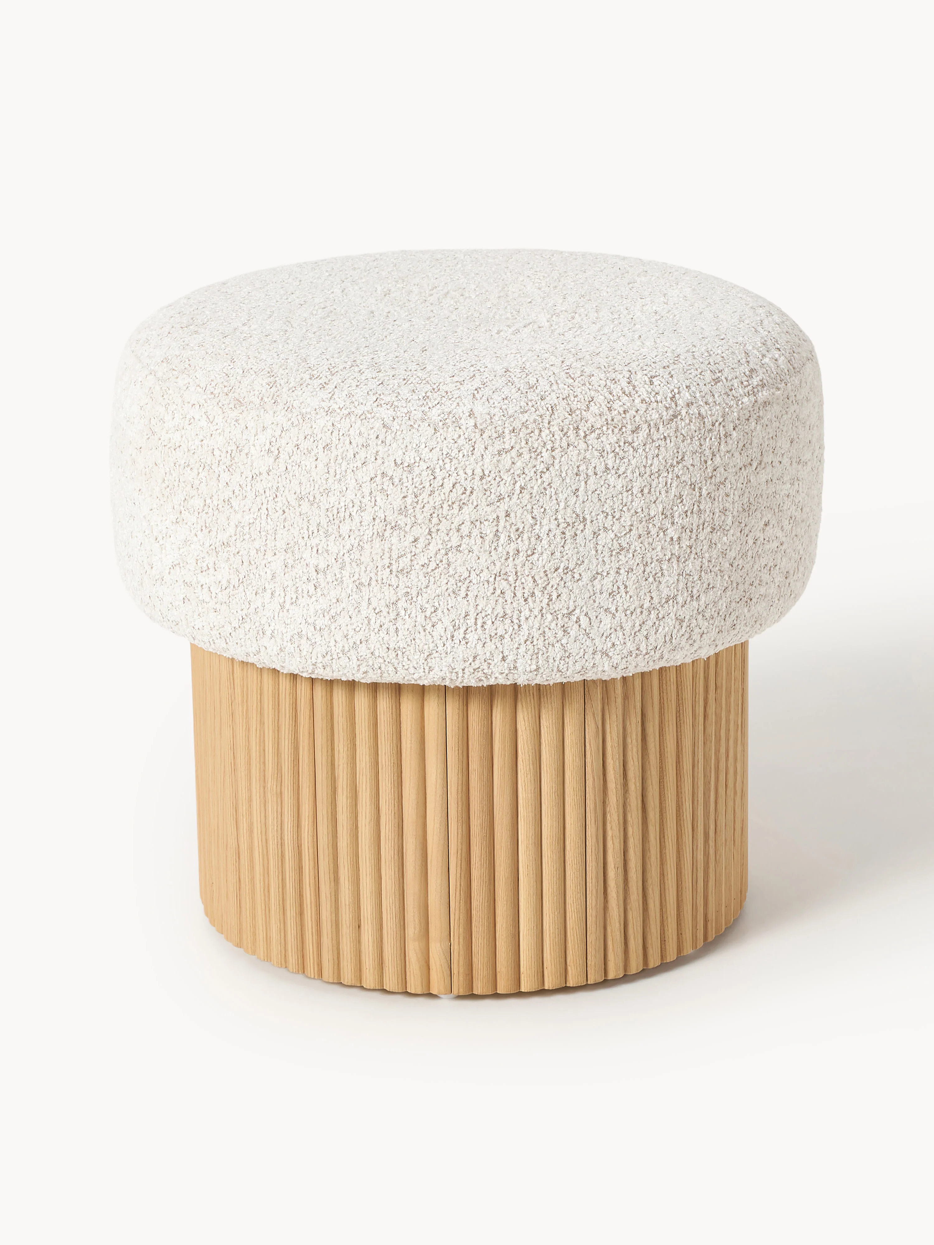Westwing Collection Nala ottoman with storage space made of teddy bouclé, Woven fabric off-white, light ash wood