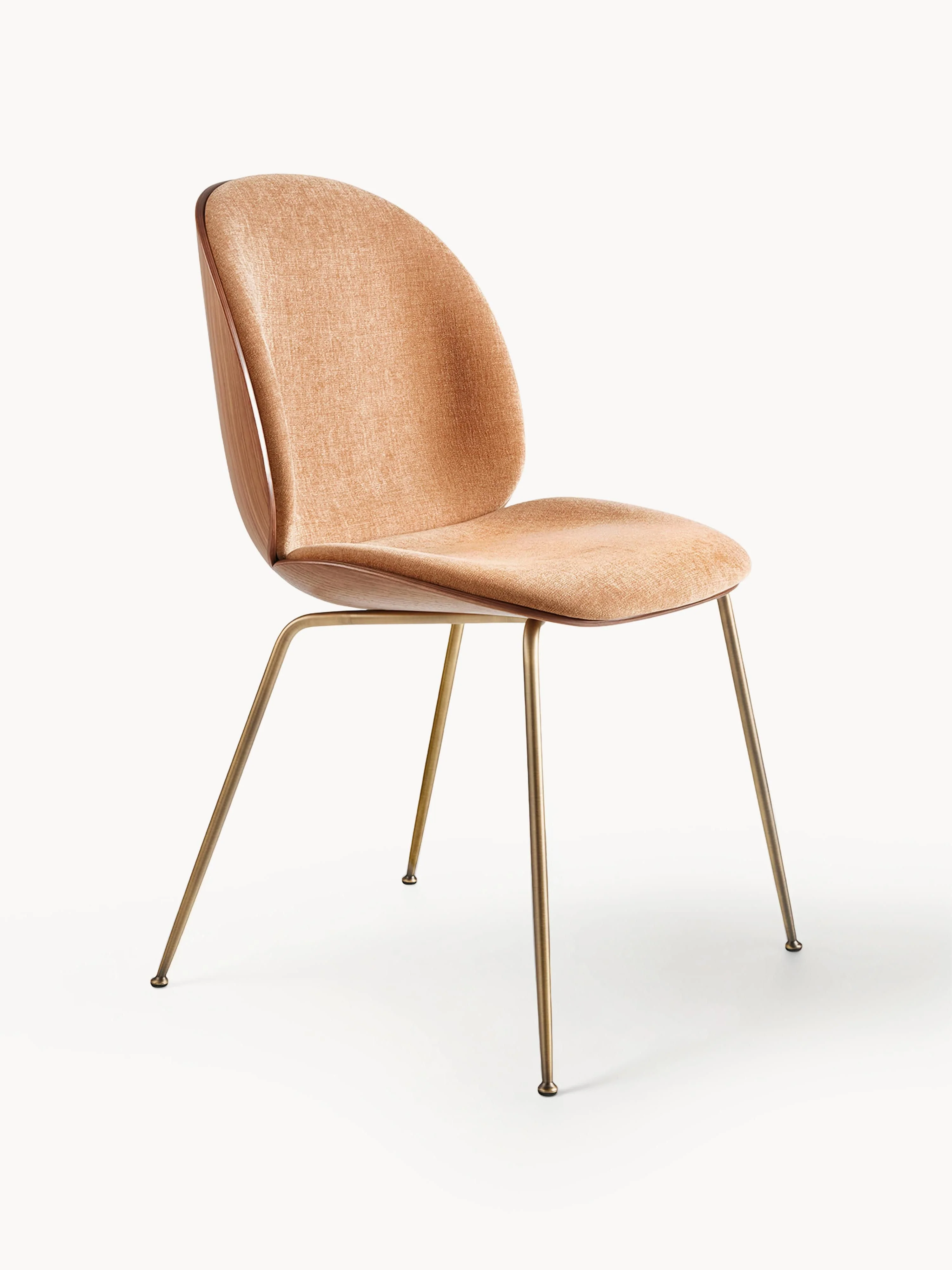 gubi Beetle upholstered chair with seat shell, Woven fabric Peach, walnut wood, matte gold