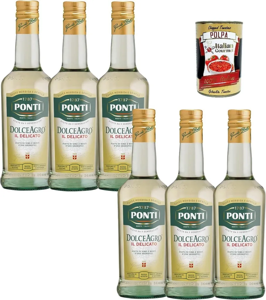 Ponti DolceAgro Il Delicato mild seasoned vinegar made from wine & grape must 6 x 500 ml Italian condimento for salads & vegetables + Italian Gourmet polpa