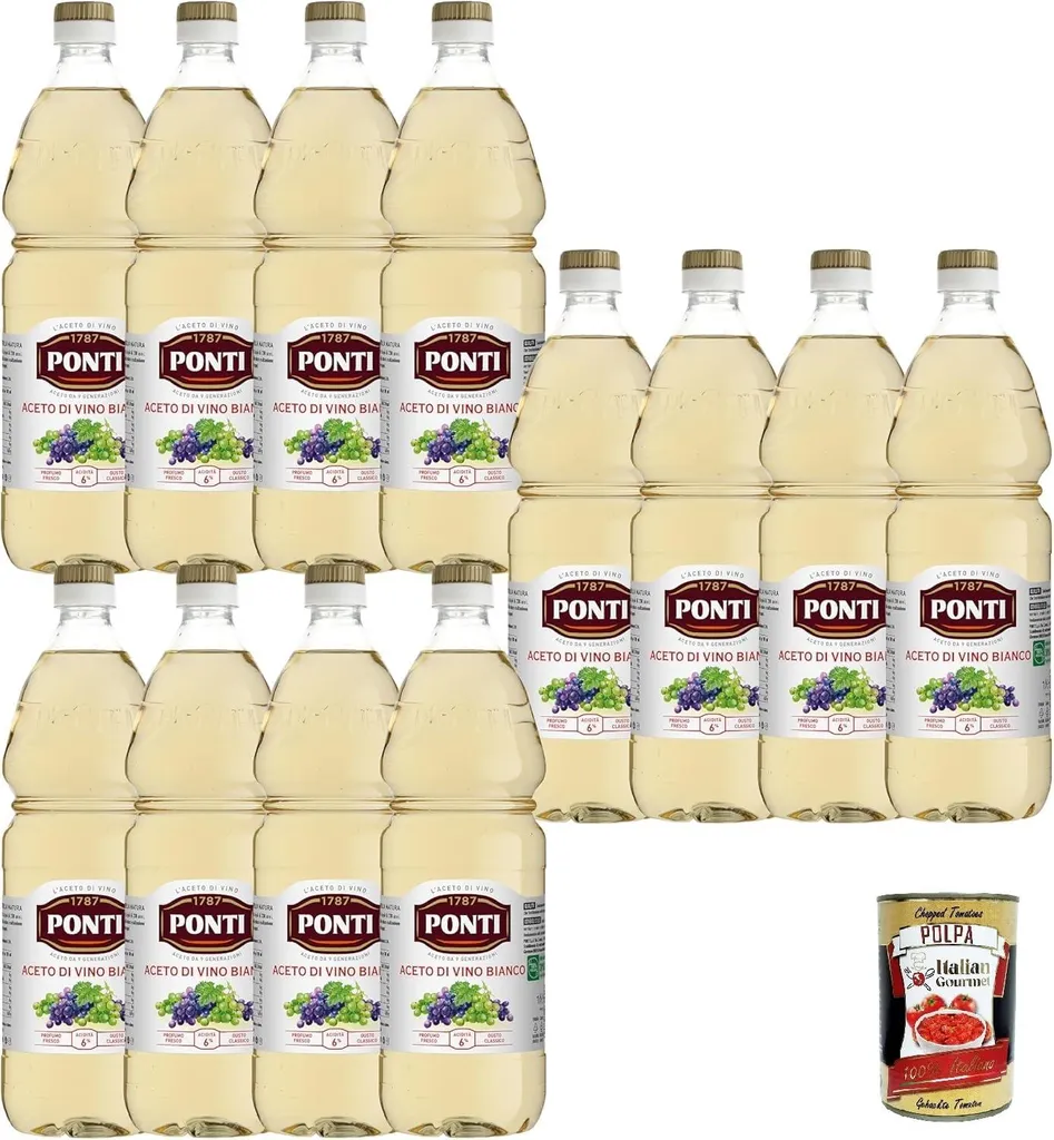Ponti, Classic White Wine Vinegar, made from selected wines, ideal for accompanying raw and cooked vegetables, acidity 6, PET 12x 1L + Italian Gourmet polpa 400g