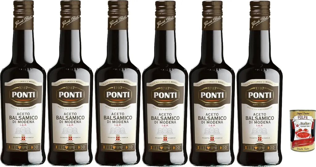 Ponti, Modena I.G.P. Balsamic Vinegar, made from grapes of 7 selected grape varieties and fine wine vinegar, ideal for seasoning raw and cooked red meat, 6 x 500 ml + Italian Gourmet polpa 400g