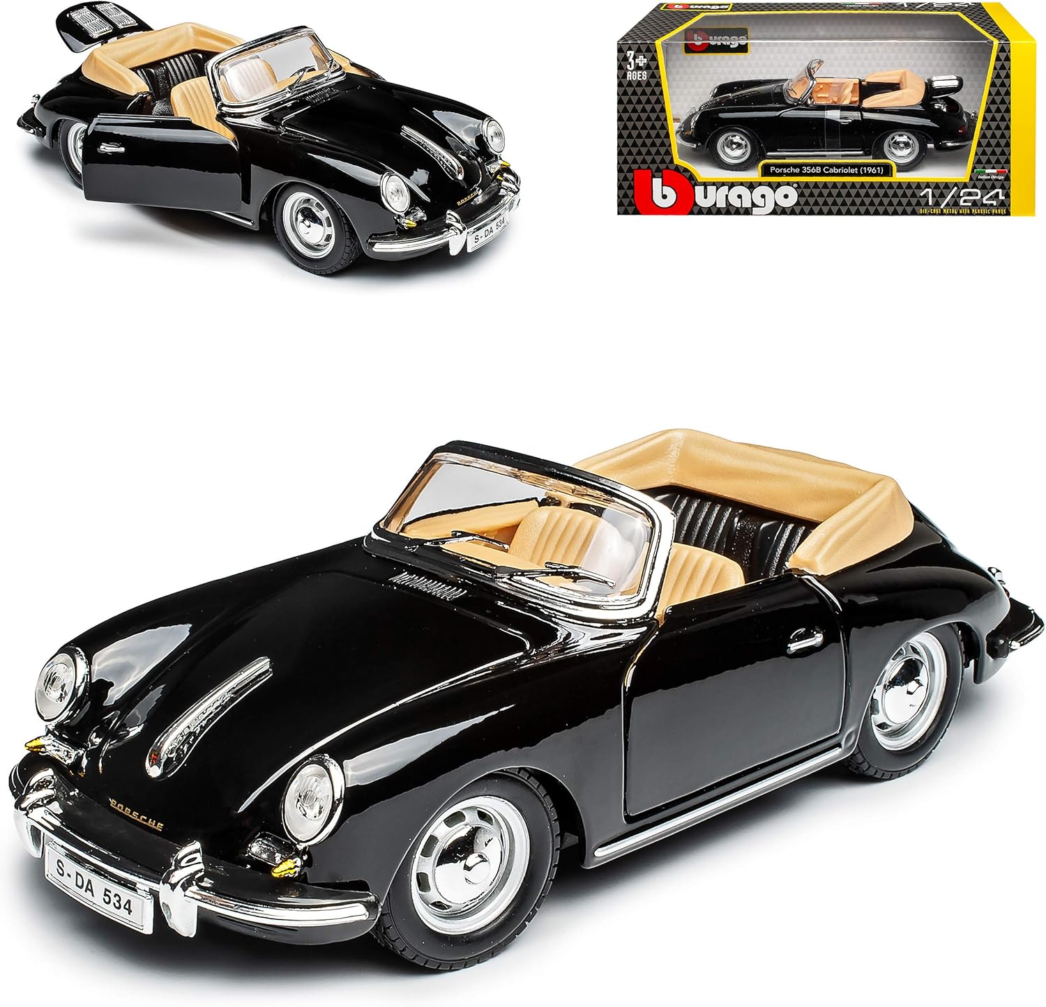 Bburago Porsche Porsche 356b Convertible Black 1959-1963 18-22078 1/24 Burago Model Car with Individual Number Plate