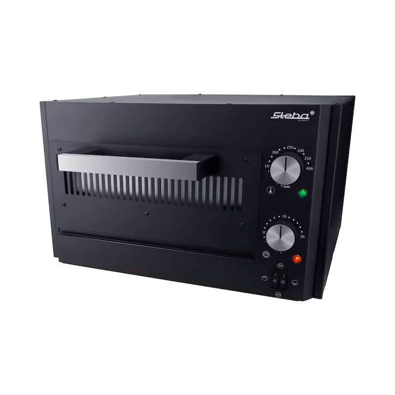 Powerful pizza oven up to 400°C, top and bottom heat can be used separately, pizza stone 30.5 x 30.5 cm, stainless steel peel, timer, cool-touch housing, crumb tray