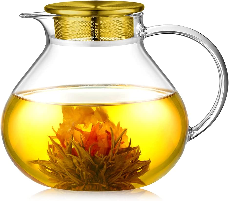 ecooe 1400 ml Simple Glass Teapot with 18/8 Golden Stainless Steel 2 in 1 Tea Strainer Lid Borosilicate Glass Tea Maker Suitable for Cold and Hot Drinks Open Fire Stove Tea Warmer