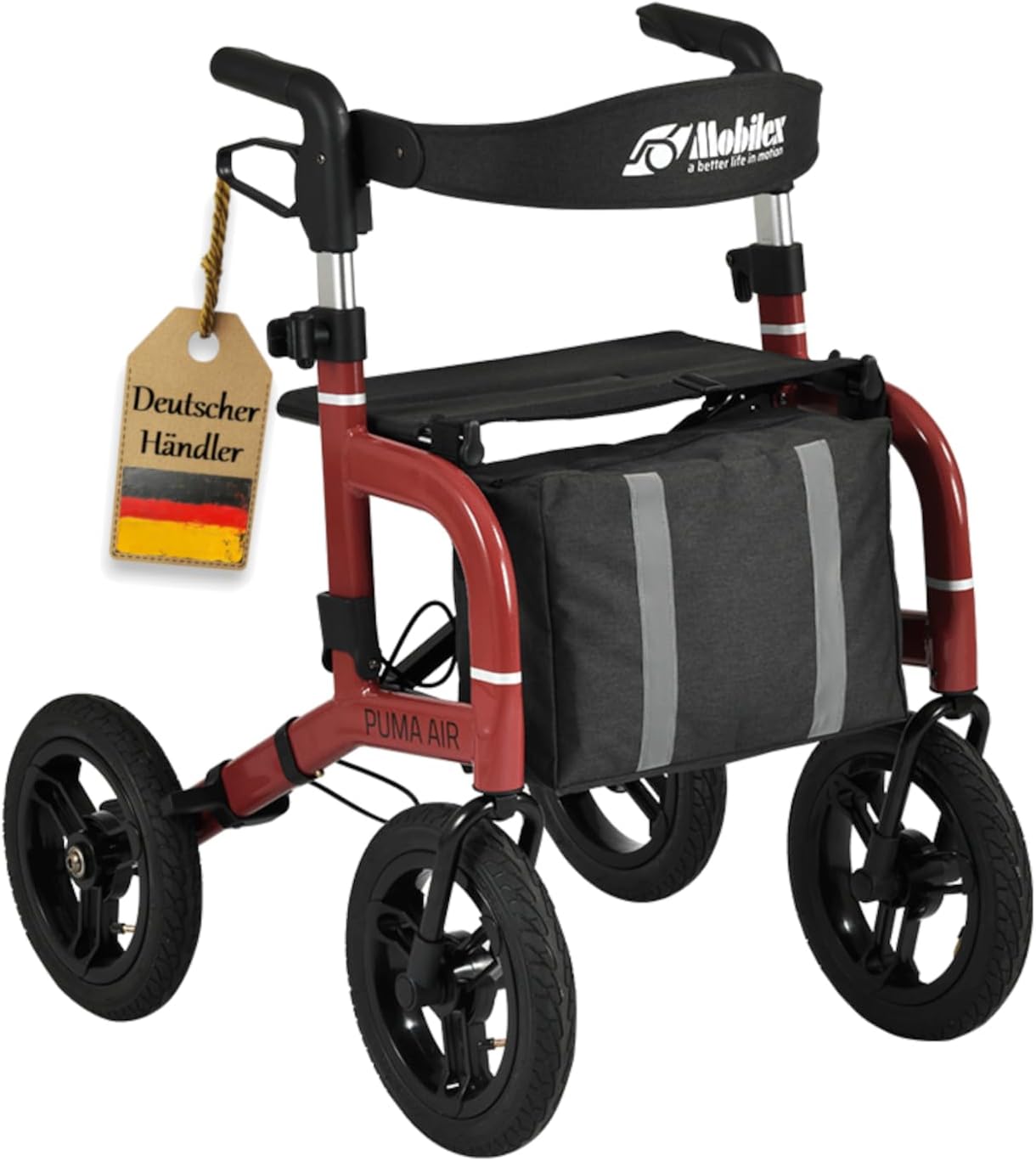 FabaCare Puma Air Outdoor Rollator with Full Equipment Parking Brake, Lightweight Rollator, Aluminum Rollator, Pneumatic Tires, Foldable, Removable Bag, Back Strap, Stick Holder, Drink Holder, Red