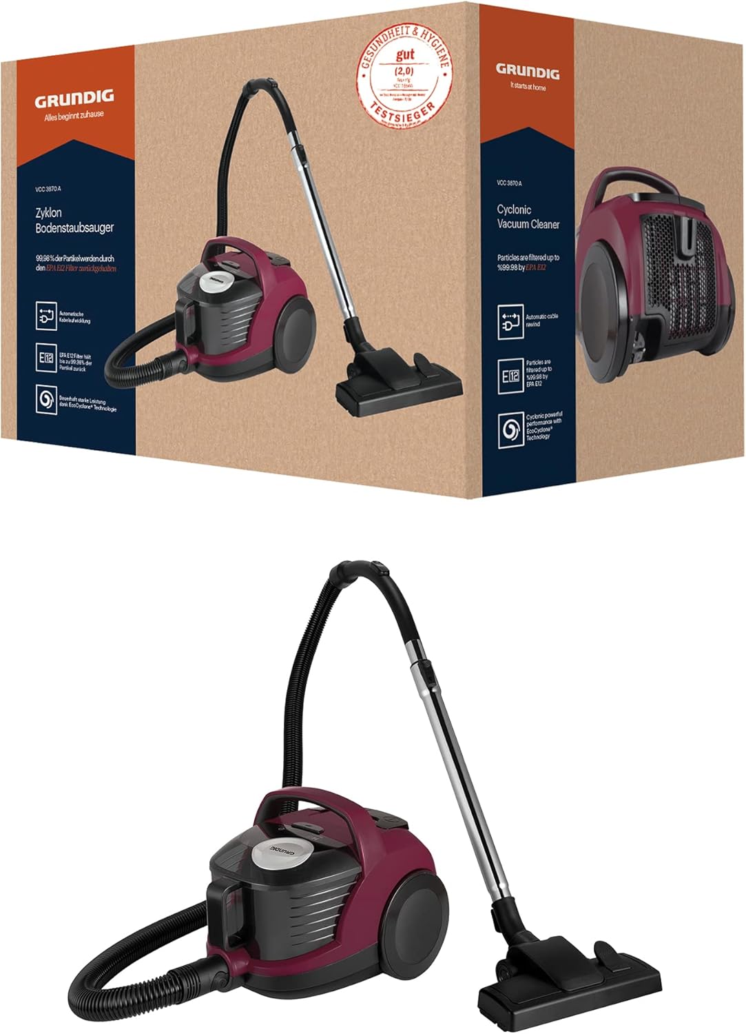 Grundig VCC 3870 A Bagless Vacuum Cleaner, 1.8 L, Berry/Black