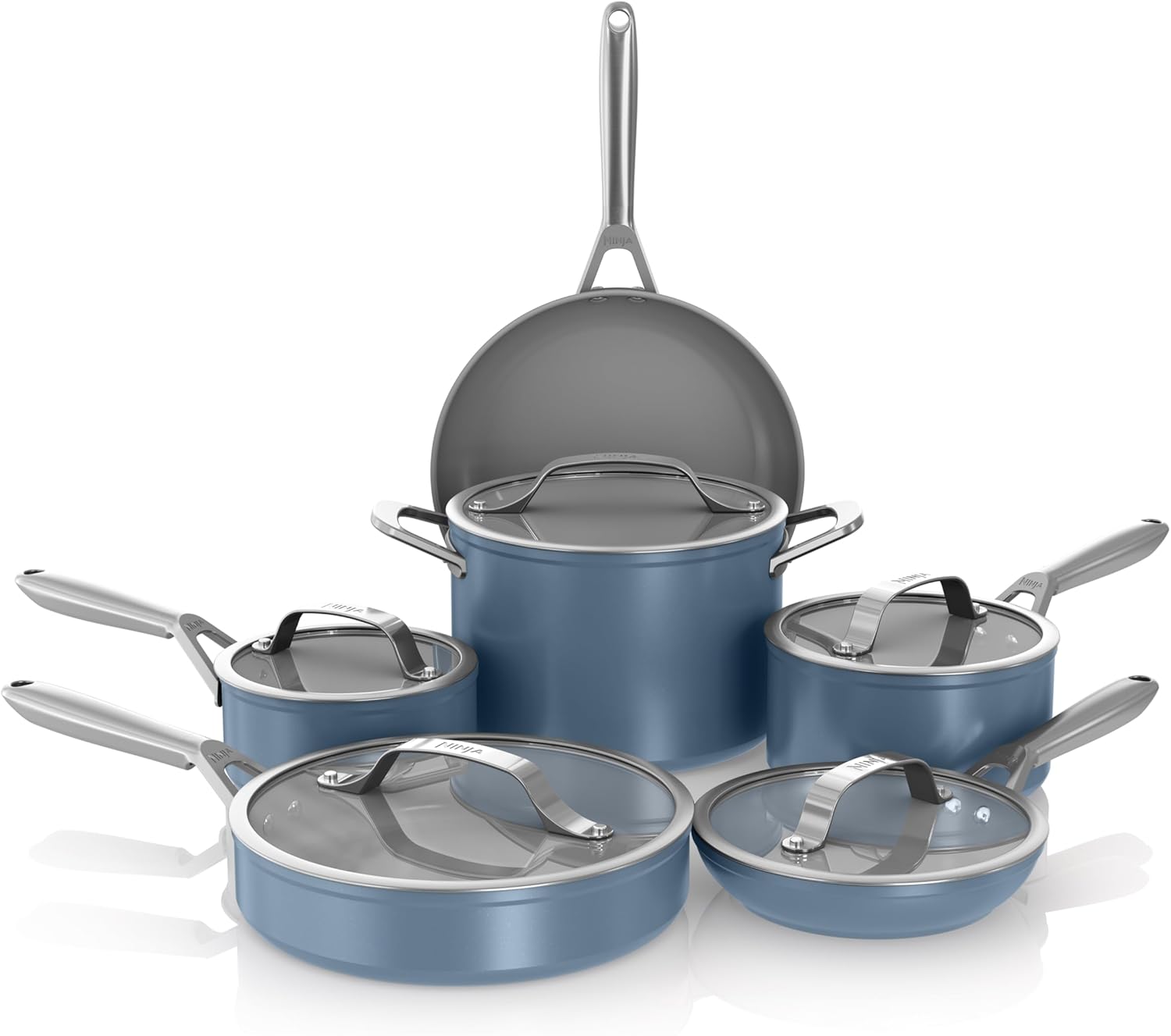 Ninja Ceramic Pro CW39011BM Non-Stick Cookware Set, Pots & Pans Set with Glass Lid, PTFE Free, Ceramic Coated, Oven Safe, All Hob Types & Induction Compatible, Blue Macaron,