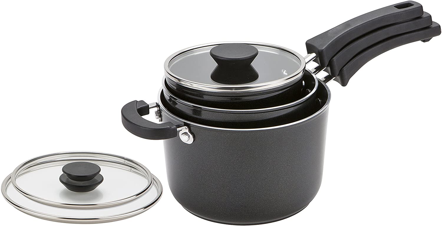 Prestige Kitchen Hacks Aluminium Nesting Box 3-Piece Pan Set, Aluminium, Black, 43 x 22 x 22.5 cm
