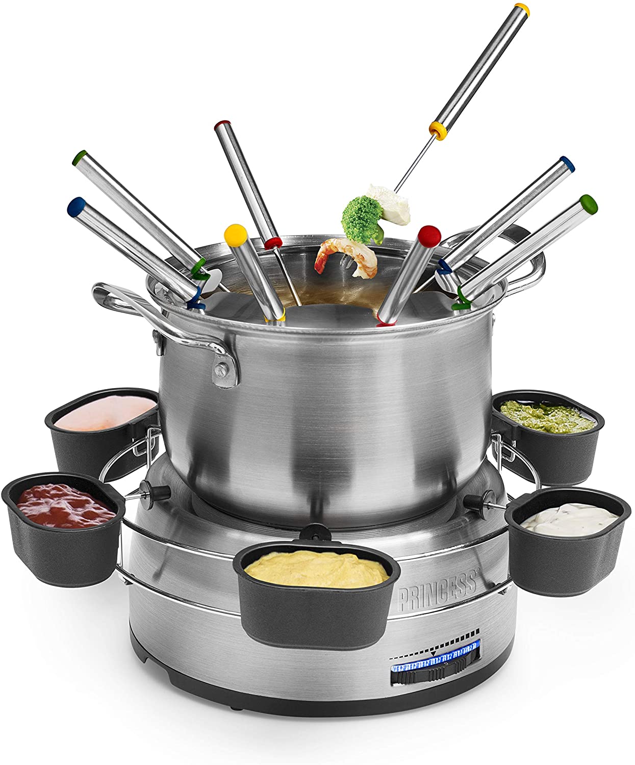 Princess Family Fondue Set - 800 W, 1.2 Litre Capacity, Stainless Steel, Double Base, 8 Fondue Forks, 6 Dip Bowls, Silver, 172680