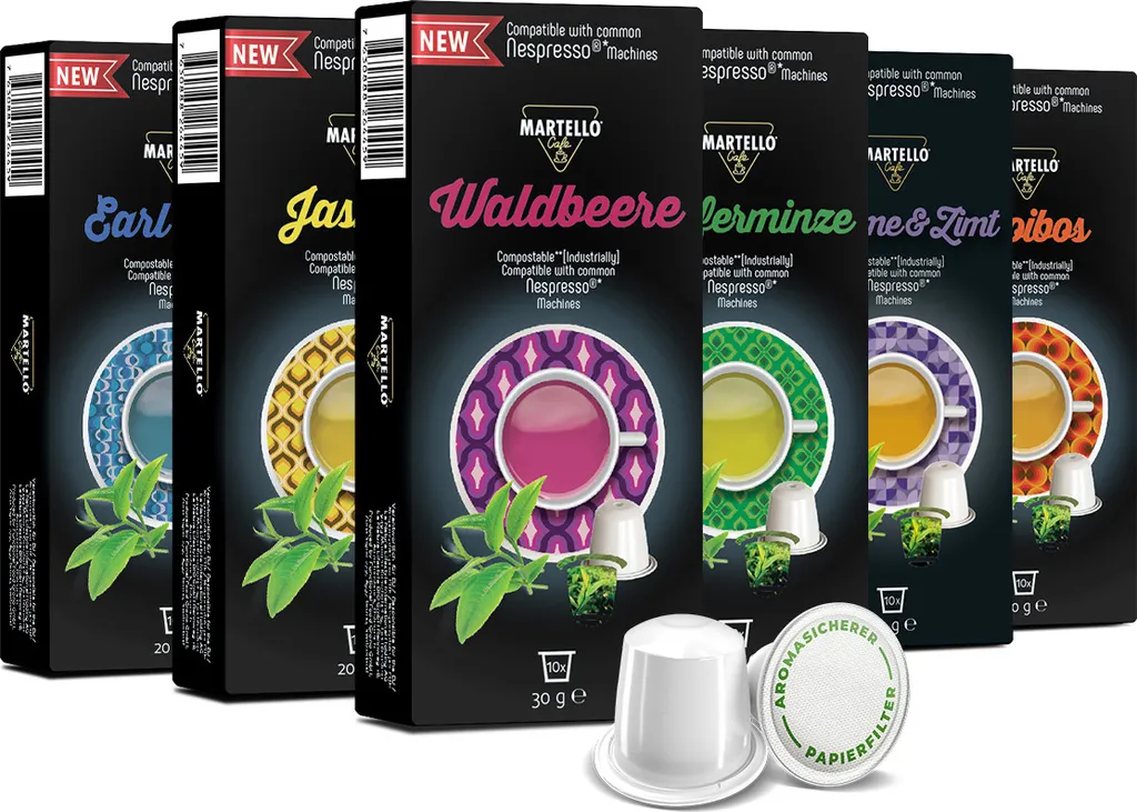 MARTELLO Cafe TRIAL SET 2 tea capsules - ONLY COMPATIBLE WITH NESPRESSO®* MACHINES - 100% industrially compostable capsules - Fresh, aromatic leaves - 60 capsules