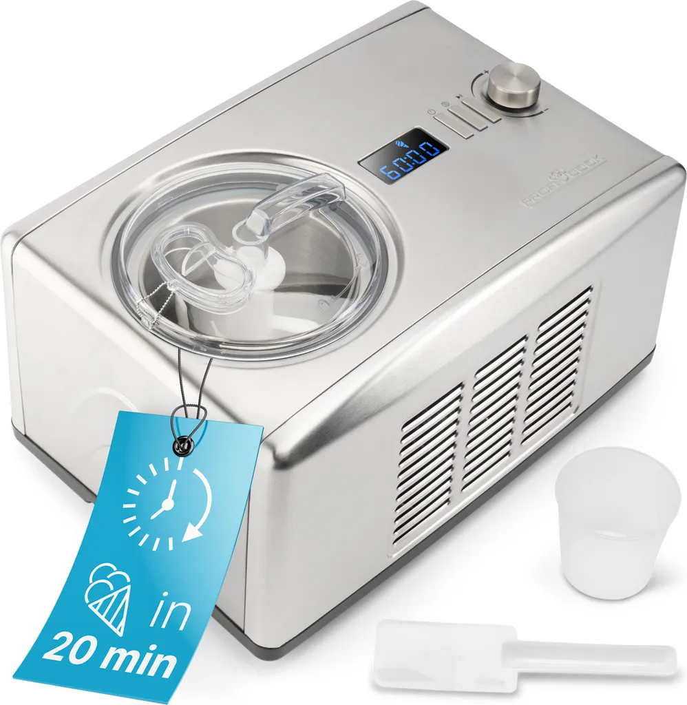 ProfiCook Ice Cream Maker & Yogurt Maker in One | Ice Cream in 20 min. | for up to 1500ml | Ice Cream Maker with Compressor | for Ice Cream & Frozen Yogurt | Incl. Recipes, Ice Cream Scoop & Measuring Cup | PC ICM 1091 N