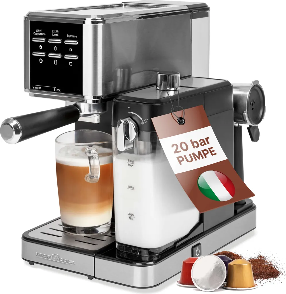 ProfiCook 2-in-1 espresso machine for ground coffee and Nespresso-compatible capsules - portafilter machine 20 bar - PC ES 1266
