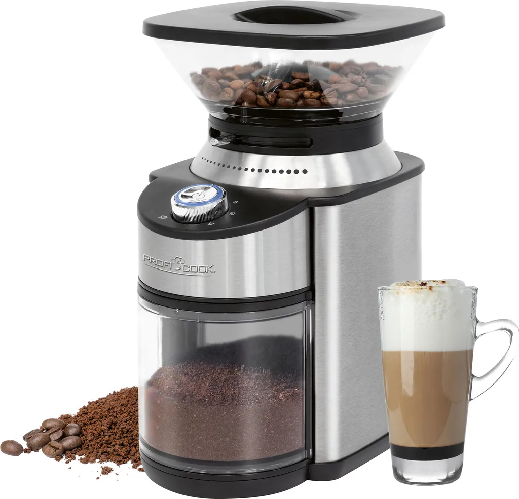 ProfiCook electric coffee grinder with stainless steel conical burr grinder | 16 grind settings | Coffee grinder for up to 230g coffee beans | PC-EKM 1205