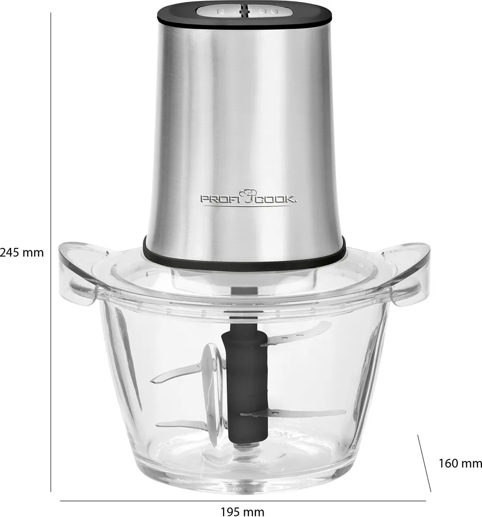 ProfiCook PC-MZ 1150 2-in-1 Multi-Chopper, Ice Crusher, Stainless Steel Housing, Glass Mixing Bowl (1 L), 2 Stainless Steel Blades