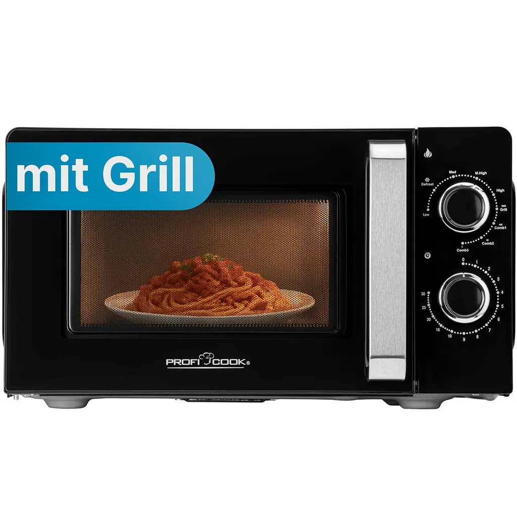 ProfiCook PC-MWG 1208 Microwave with Grill, 17 Liter Cooking Capacity, 900 W Grill, 6 Power Levels, 30 Minute Timer with End Signal, Black