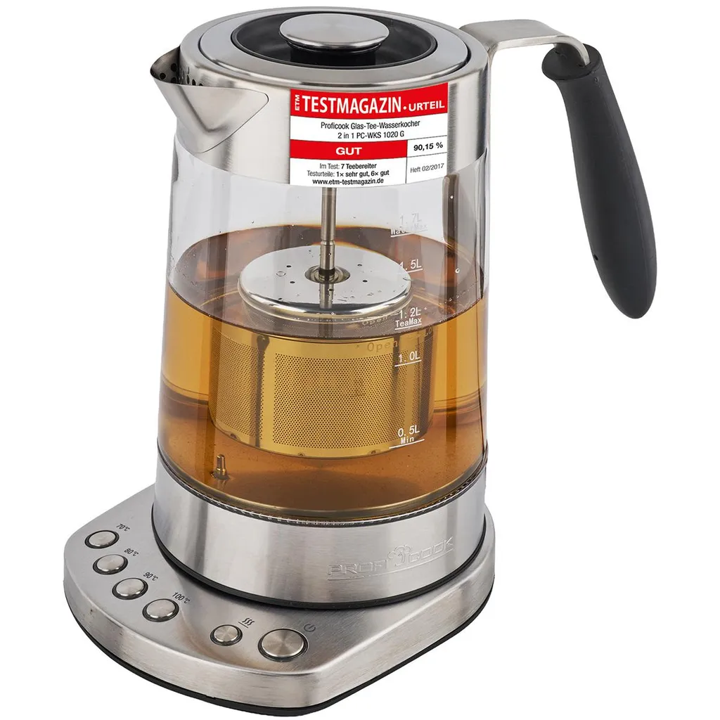 Proficook PC-WKS 1020 G Cordless Kettle, Glass Housing, 1.7 l Capacity, 3000 Watts, 360 Degree Base, Acoustic Signal, Boil-Dry Protection, Limescale Filter, Tea Kettle Function, Keep Warm Function
