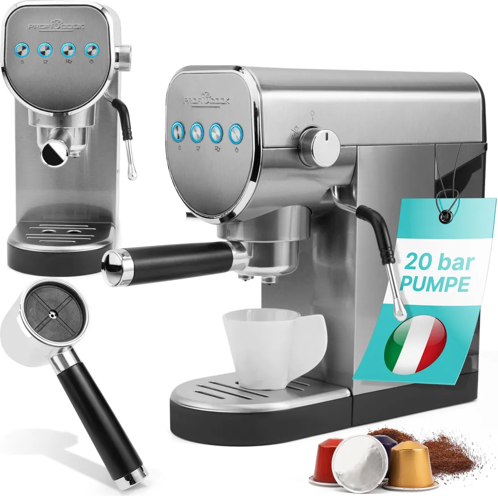 ProfiCook® Espresso Machine for Espresso Powder and Nespresso Compatible Capsules - 20bar Italian Pump - for Aromatic Espresso - PC ES 1265