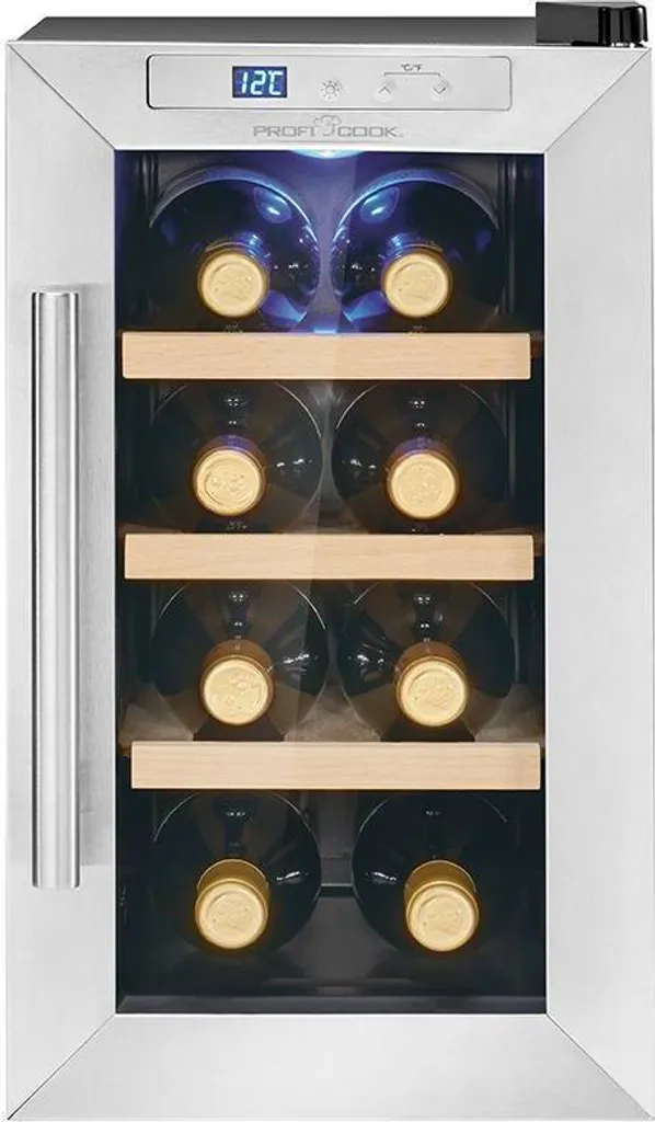 ProfiCook® wine cooler for 8 bottles, beverage cooler with UV-resistant glass door, with LED lighting and 4 storage levels, 3 of which are removable, temperature range: 11-18°C, 23L - PC-WK 1233