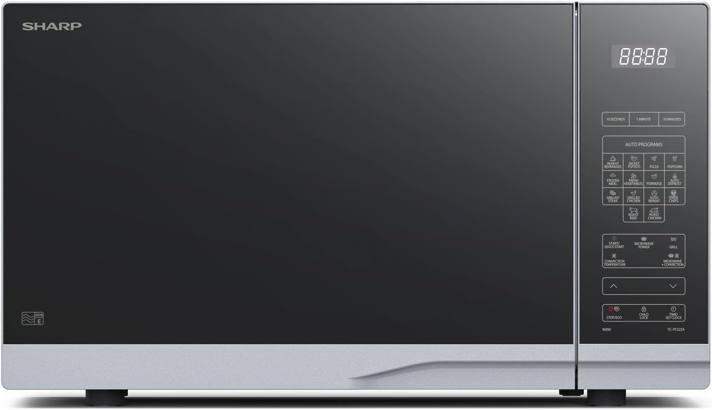 SHARP YC-PC322AE-S Microwave with Grill and Hot Air (1000 W, 32 L, 10 Power Levels, Eco Function, Defrost Function), Silver/Black