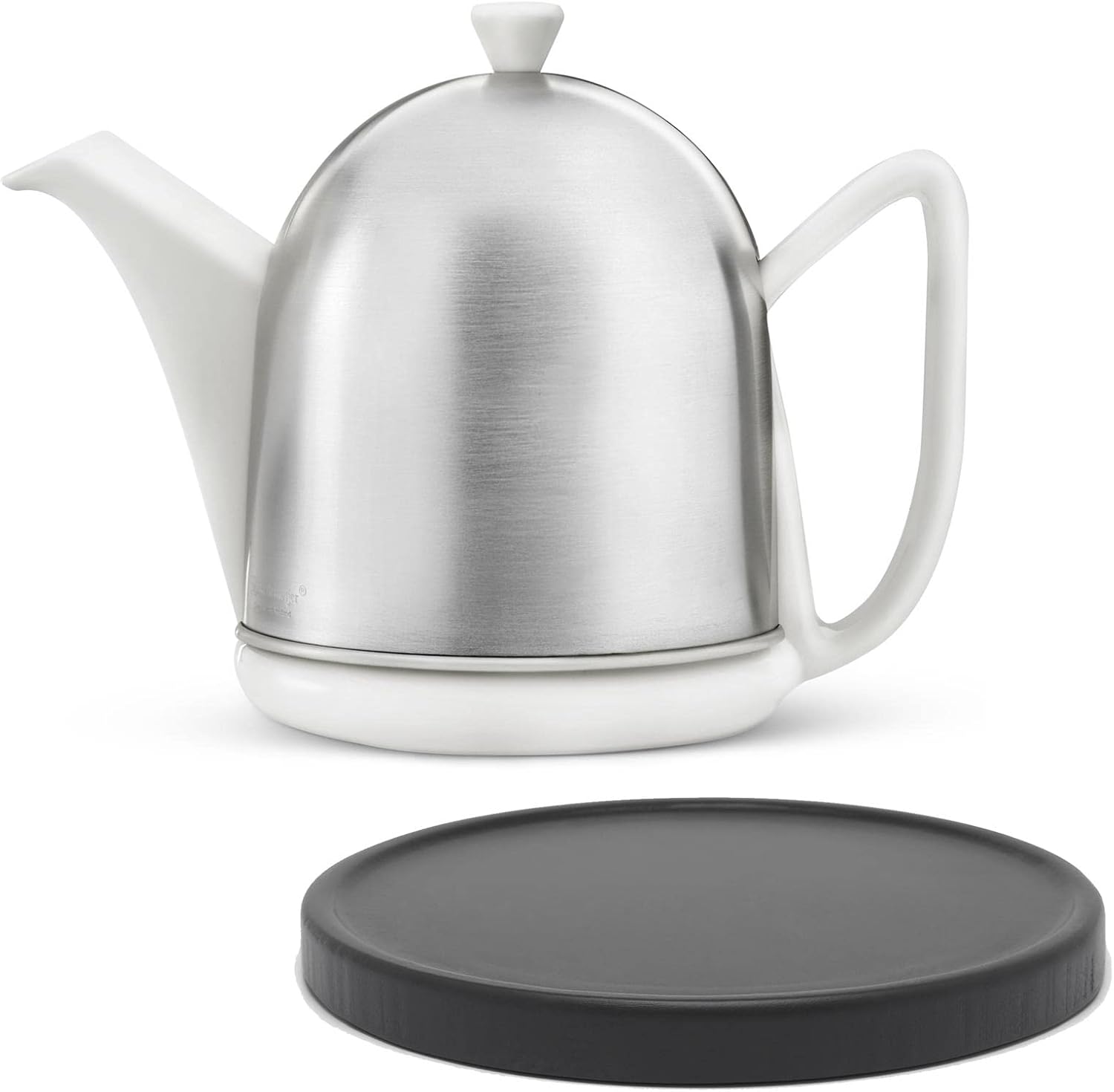 Small Matte Ceramic Teapot 1 Litre White & Tea Maker with Tea Filter Strainer Insert & Stoneware Jug with Stainless Steel Felt Cover & Black Wooden Coaster - for Loose Tea