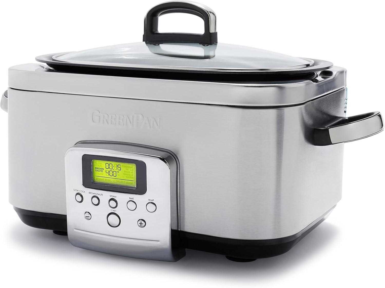 GreenPan Elite 8-in-1 Programmable 6L Slow Cooker Multicooker, Dishwasher-Safe Lid and Pot, PFAS-Free Healthy Ceramic Non-Stick Coating for Frying, Stewing, with Steamer Insert, Stainless Steel
