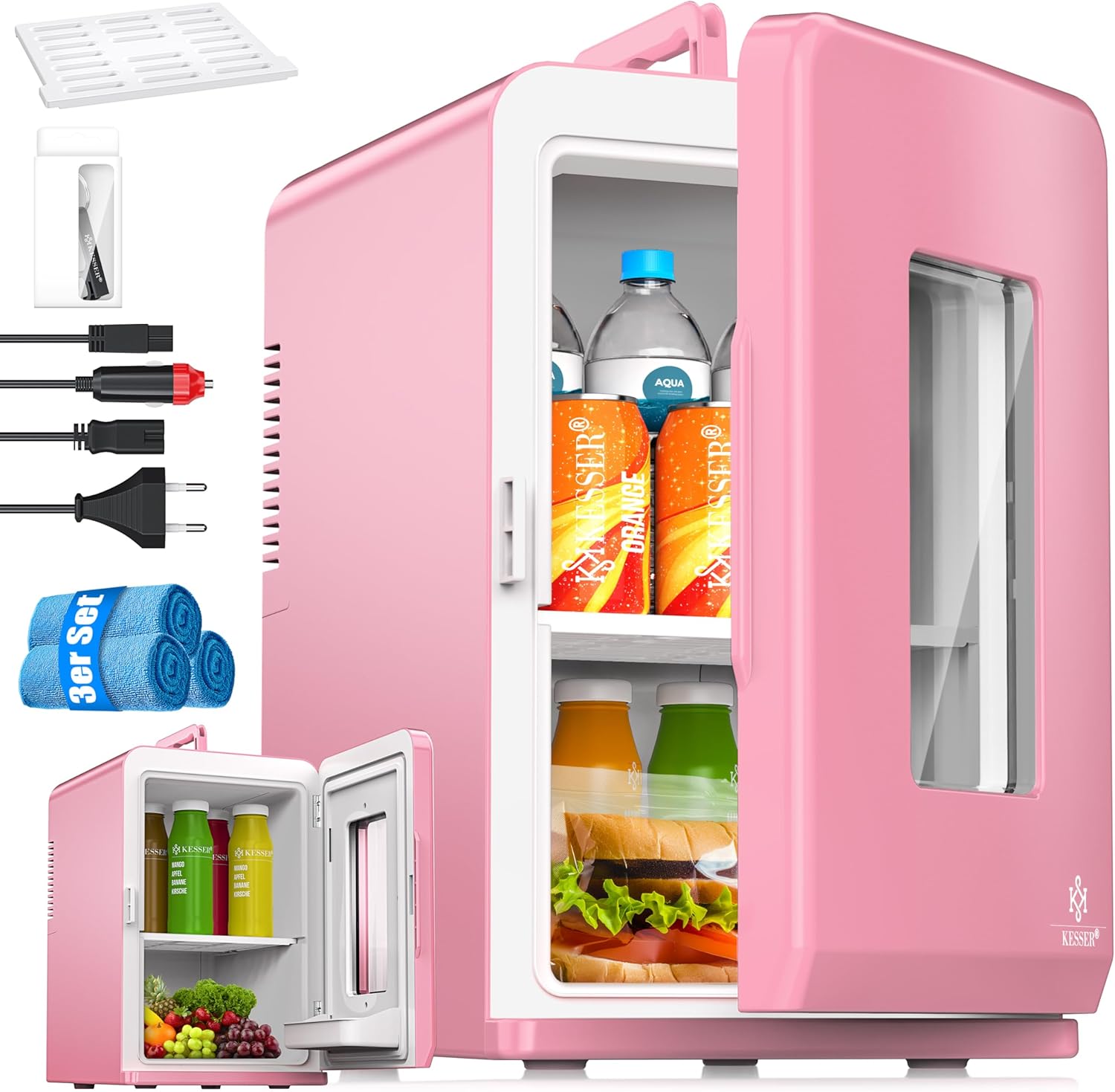 KESSER® 2-in-1 Mini Fridge Cool Box 15 Liters Cooling and Heating Function Portable AC DC 220-240 V/12 V Socket and Cigarette Lighter Warming Box Mini Thermal Box Car Offices Room Camping Garden Pink