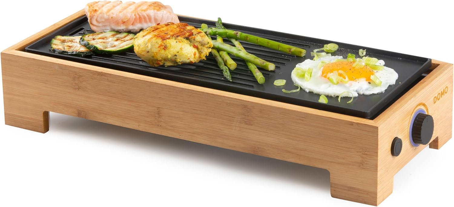 DOMO DO9270G Plancha Grill Bamboo Style \'Just Us\' - Wood Effect - Coating PFAS-Free - 1000 W, Brown/Black