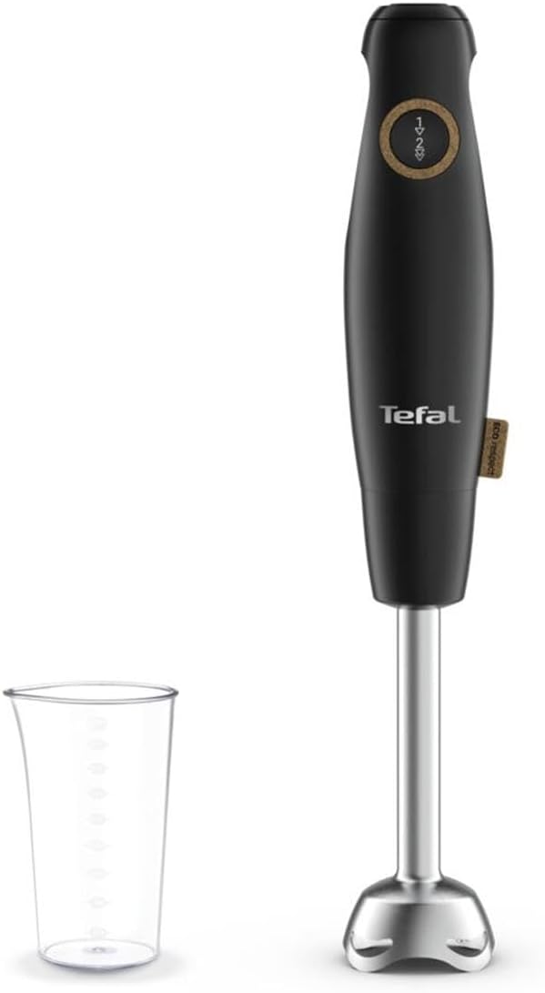 Tefal HB46E8 Eco Respect Hand Blender | 600W motor | Eco design | 2 speeds | 4 Powelix Blades | Splash Guard | Includes 800ml Measuring Cup | Black
