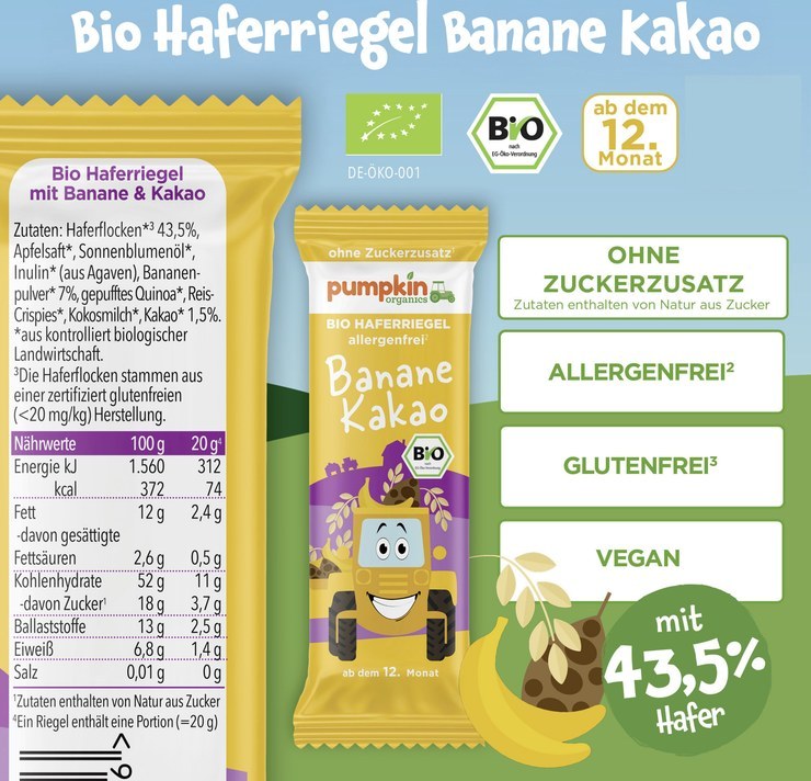 Pumpkin Organics organic oat bars with banana & cocoa