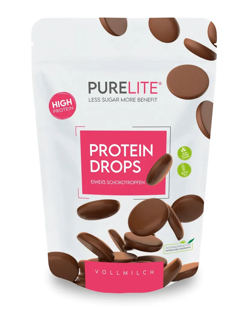 advanced food AG PURELITE Chocolate Protein Drops Whole Milk – 26g/100g protein, no added sugar, with erythritol & stevia, chocolate for snacking & baking, couverture, 450g