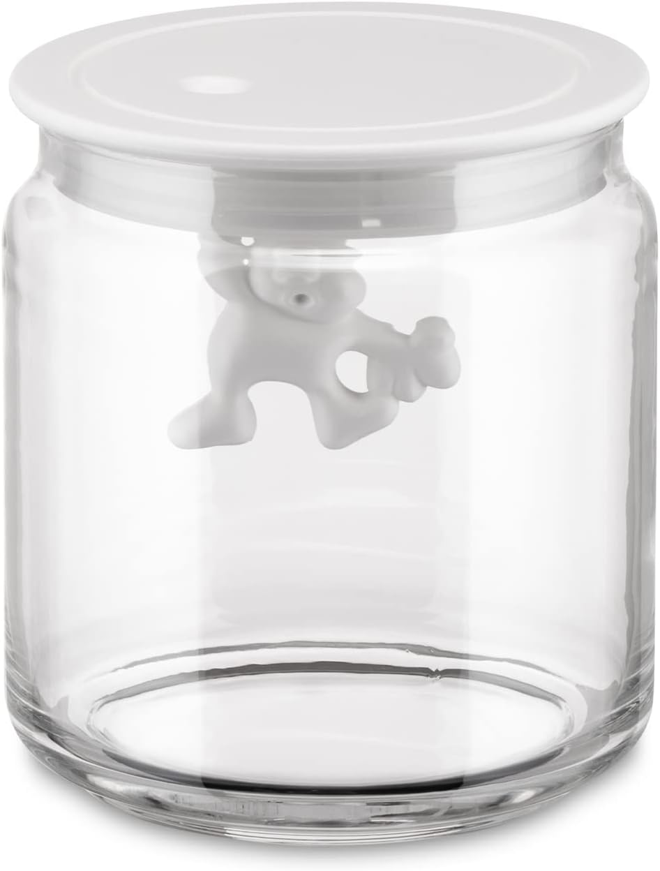 A Di Alessi Glass Gianni Jar A Little Man Holding On Tight Small Kitchen Box with Hermetic Lid in Thermoplastic Resin, White