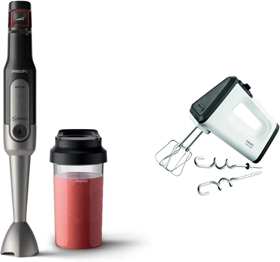 Philips Domestic Appliances Philips Viva HR2650/90 Hand Blender (800W, SpeedTouch, Includes 2-in-1 Togo Drinking Bottle & Mixing Cup) Stainless Steel & Krups 3 Mix Hand Mixer GN5021 | 500 W | 5 Speeds | White