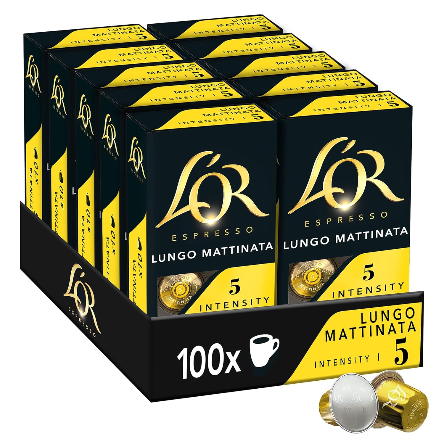 L'OR L\'OR - Espresso - Lungo Mattinata - Intensity 5 - Chocolate and Citrus Flavors - 10 Packs of 10 Aluminum Capsules