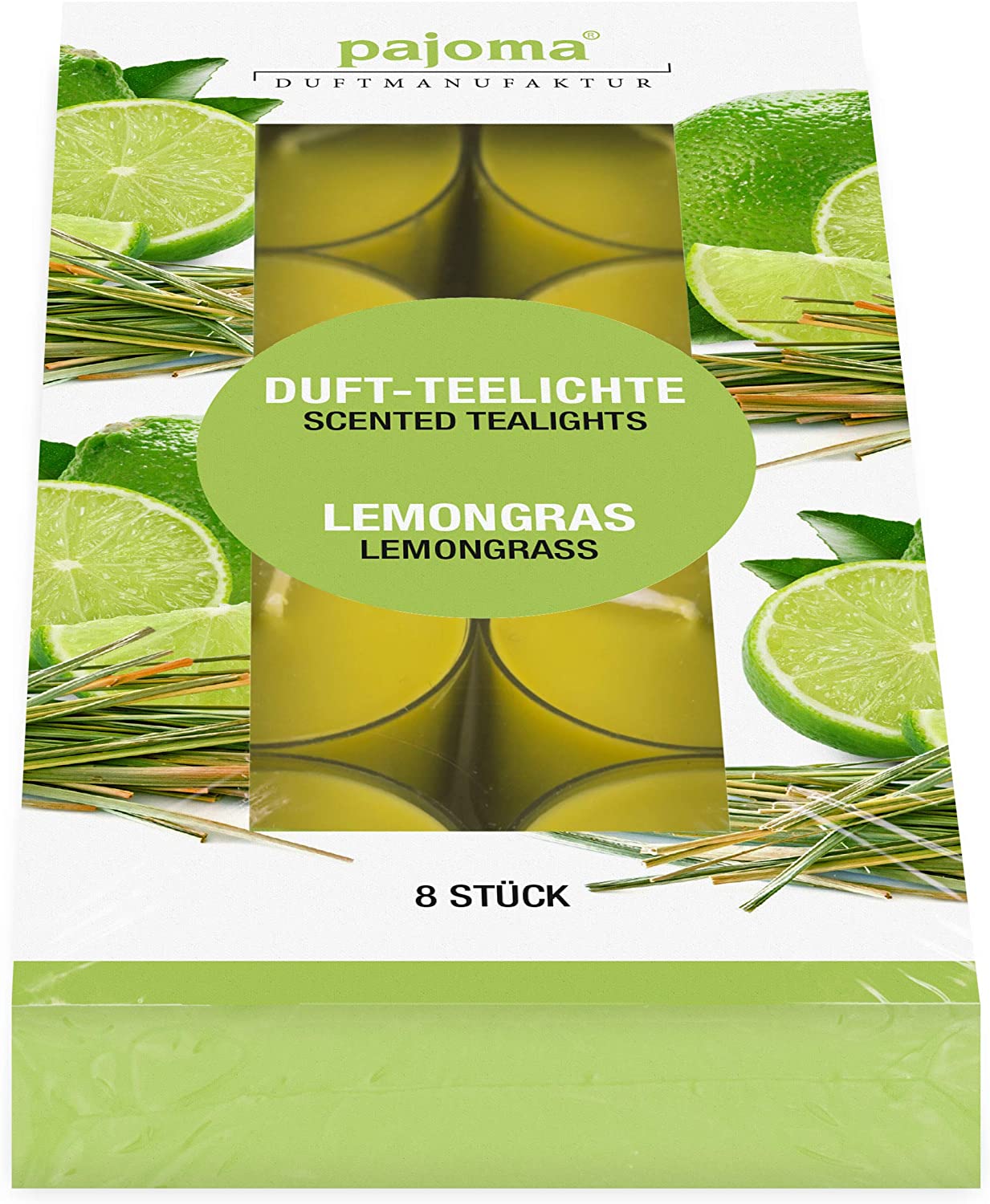 pajoma Teelichte Lemongras, 8er Pack (8X 8 Teelichte) in Polycarbonat Hülle