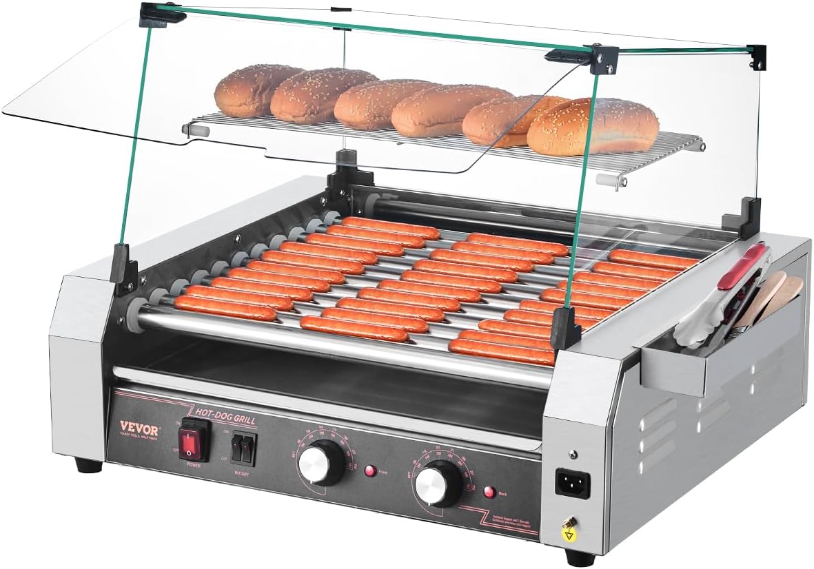 VEVOR Hot Dog Machine 11 Rolls Stainless Steel, 2200 W, Electric Grill with Cover & 2 Temperature Controls & Side Storage Box & Removable Shelf & Oil Catcher Tray