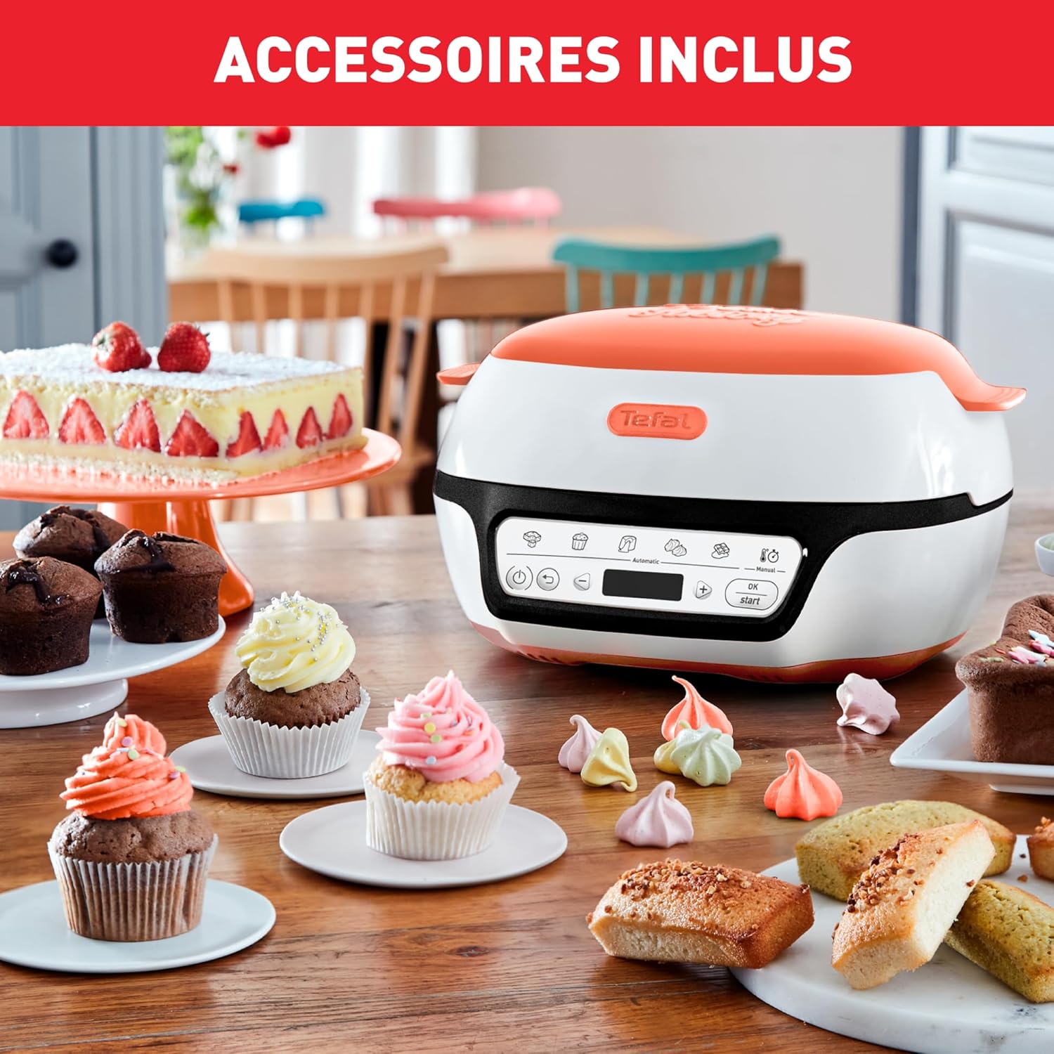 Tefal Cake Factory Tutti Frutti KD801510 - Cake Processor 1100 W 5 Automatic Programs + Manual Mode, Includes 3 Molds, White/Coral, Cooking without Preheating
