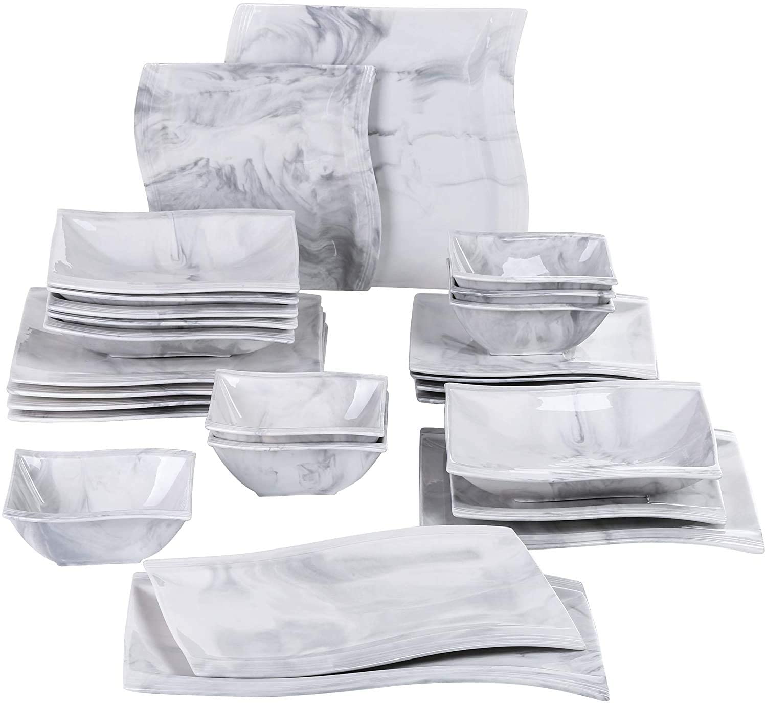 Malacasa, Flora series, 26 pieces Marble Porcelain Crockery Set, Dinner Service in Classic Design with 6 Bowls, 6 Dessert Plates, 6 Soup Plates, 6 Dinner Plates and 2 Rectangular Plates