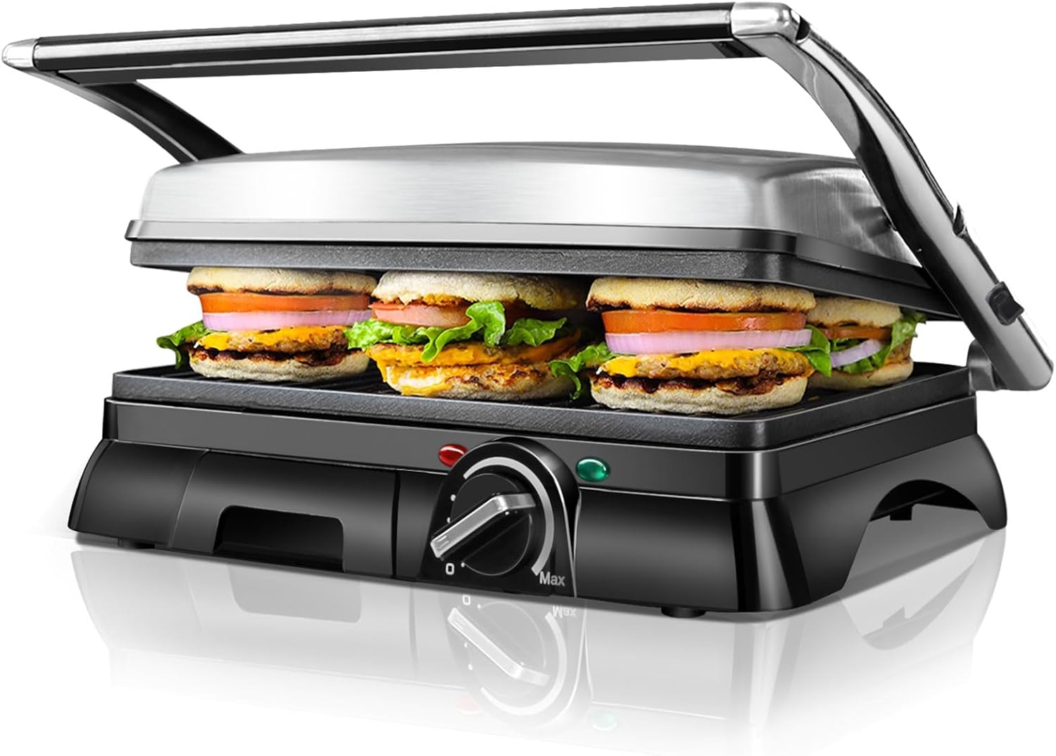 Aigostar Samson 30KLU XXL Contact Grill, Panini Grill, Sandwich Maker, 2000 Watts, Stainless Steel with Non-Stick Coating, Opens 180 Degrees, Temperature Control