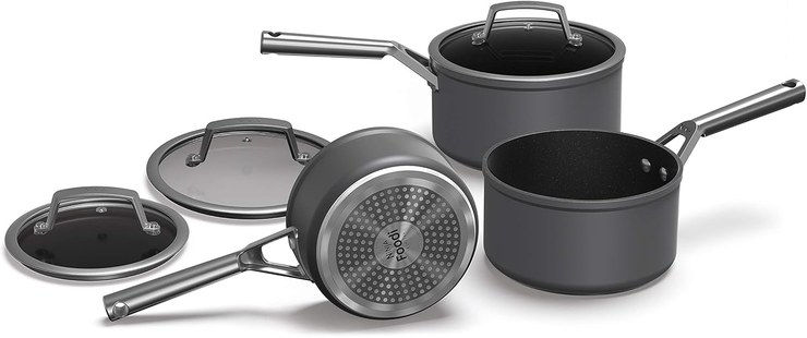 Ninja ZEROSTICK C33000UK Premium Saucepan Set with Glass Lids, Durable, Non-Stick, 3-Piece Pan Set, Hard Anodized Aluminum, Induction Compatible, Grey, C33000UK