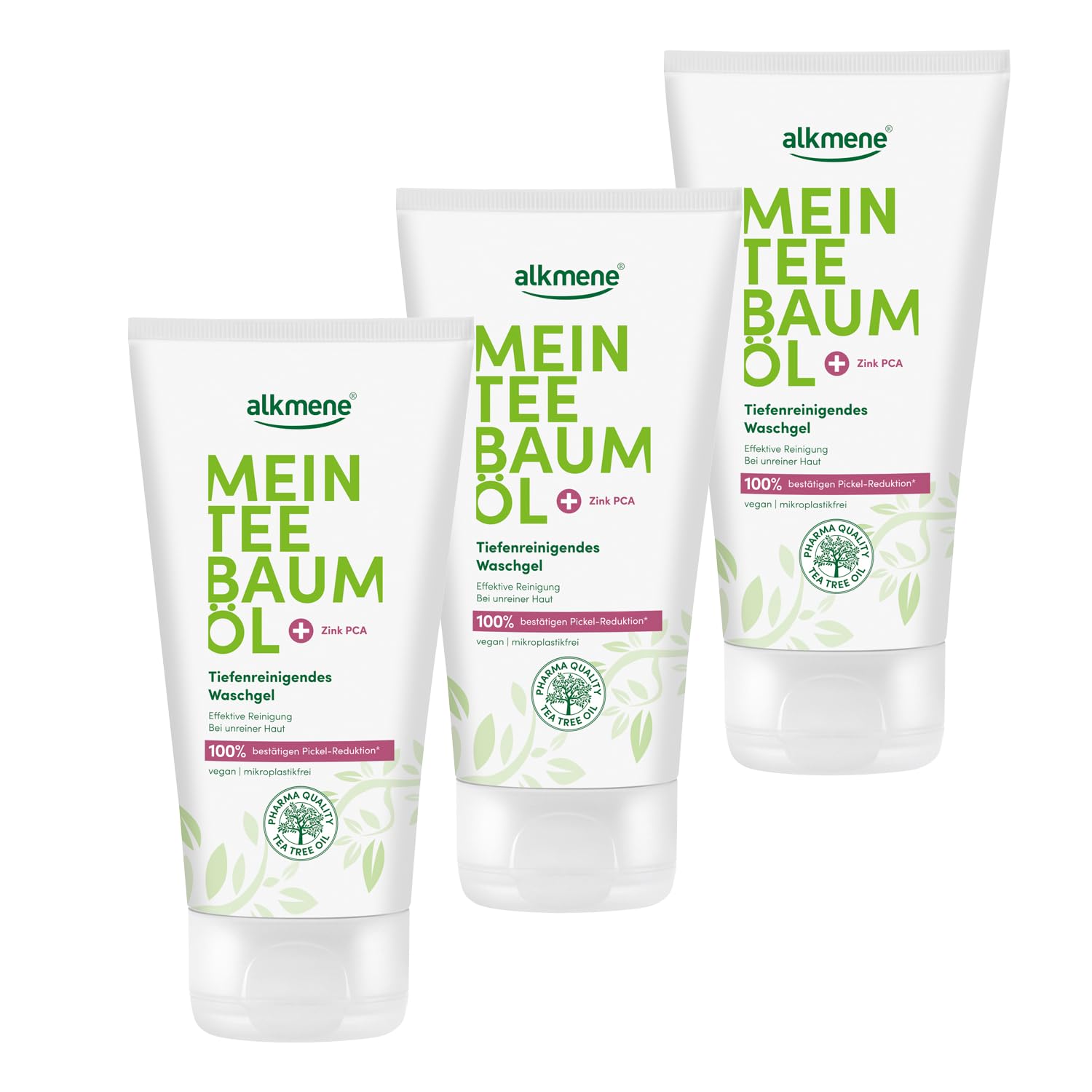 alkmene 3 x Tea Tree Oil Wash Gel Blemished Skin 150 ml - Pimple Reduction 100% Confirmed - Deep Cleansing Anti Pimple Face Cleansing Vegan