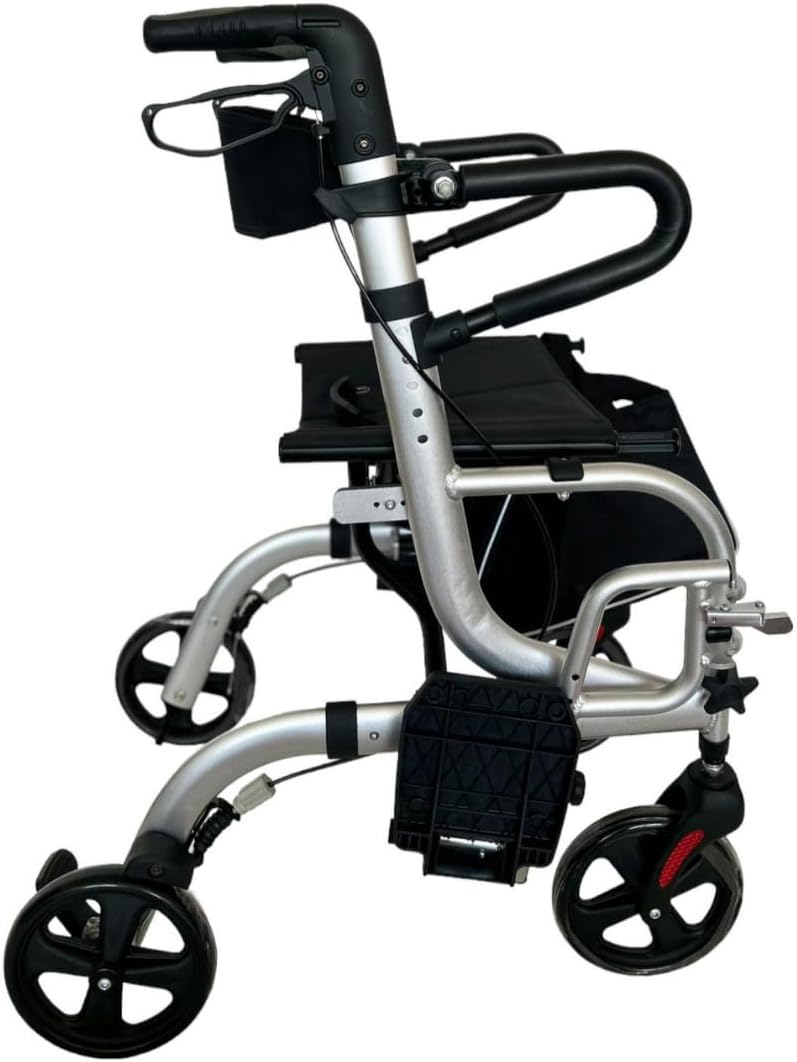 abc HOME Rollator & Wheelchair 2-in-1 Foldable Bag Adjustable Height (Silver (with Arm Rests))